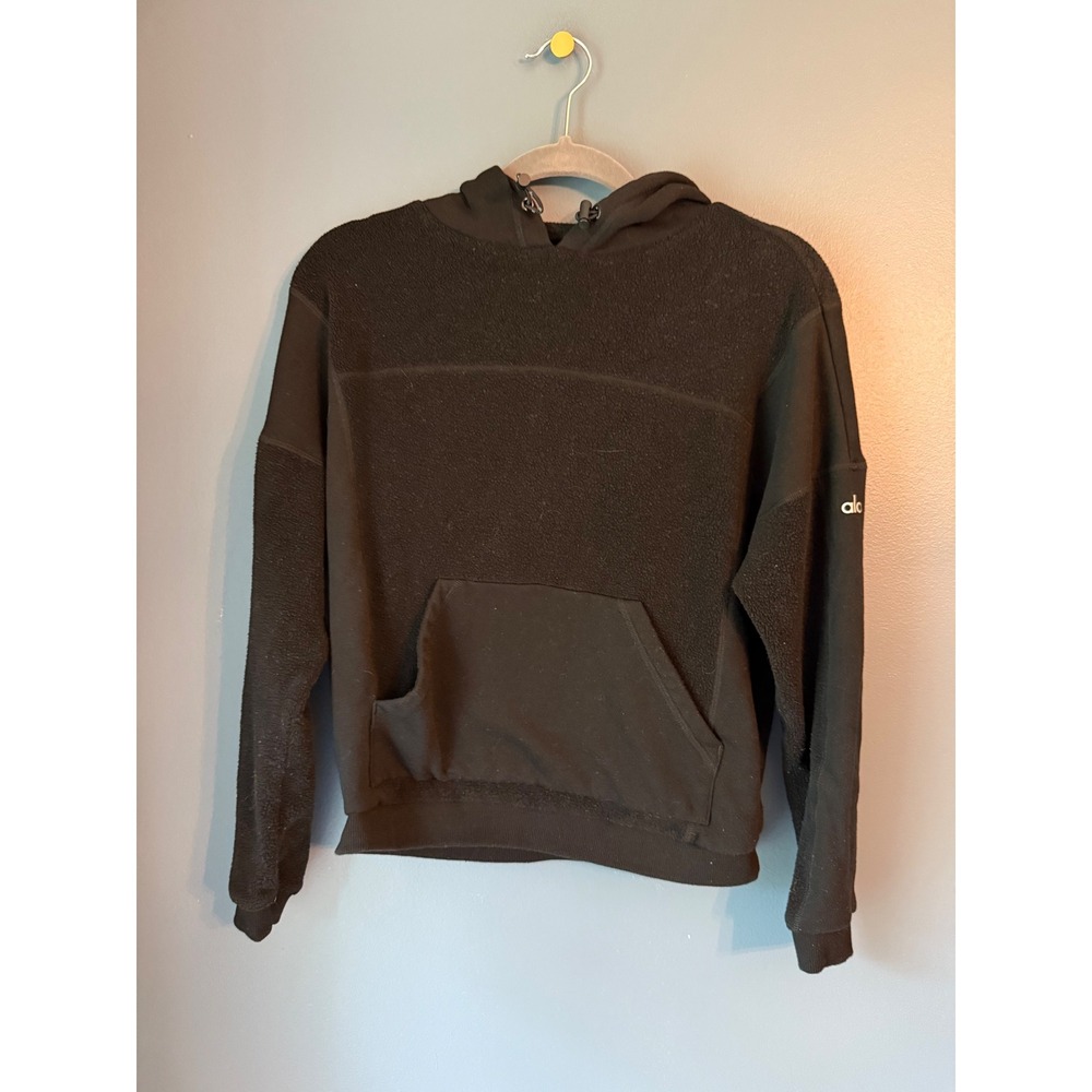 Alo Yoga Womens Black Sherpa Fleece Mixed Media Pullover‎ Hoodie Size S